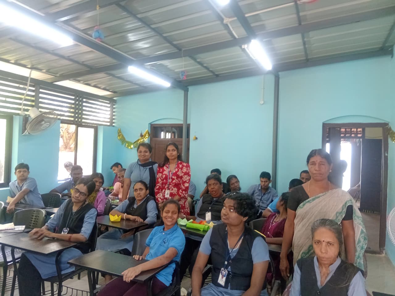 3 volunteers engaged 36 children of Perinad BUDS Rehabilitation Centre through inclusive paper-based interactive activities, fostering creativity, communication, and joyful participation in Kollam.
