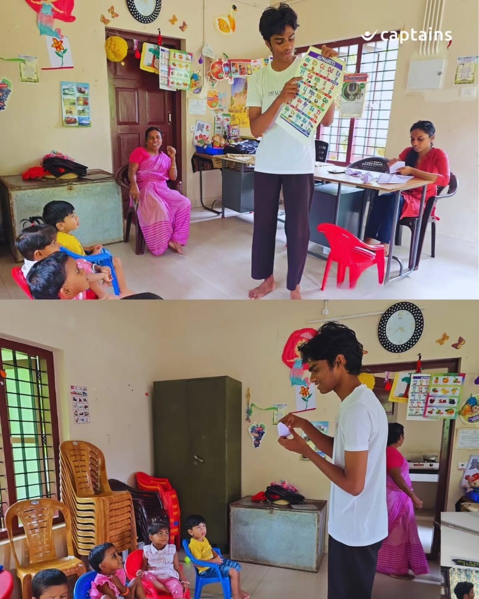 1 volunteers engaged 9 children through paper-craft creativity and hygiene awareness at Thodiyoor Anganwadi, Kollam, led by Sree Ragh K.