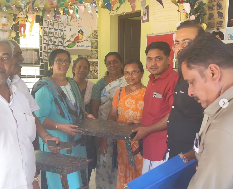 3 volunteers distributed 20 green desks to four Anganwadi centres under Kollam Corporation in collaboration with NetApp and Goodera to strengthen child-friendly learning spaces.